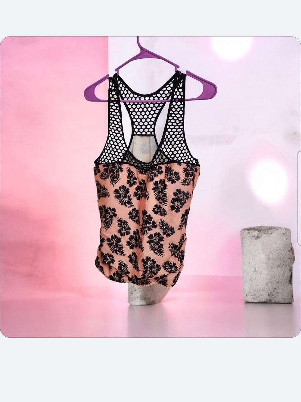 Peach Floral Tank with Black Mesh Racerback Swim Top